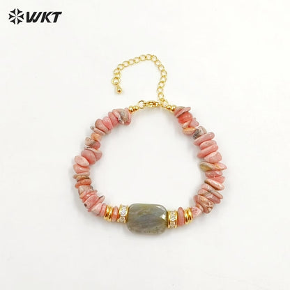 WT-B692 WKT Natural Nugest Stone in Adjustable Beaded Irregular Bracelet With Labradorite and Pink Opal for Women Jewelry Gift