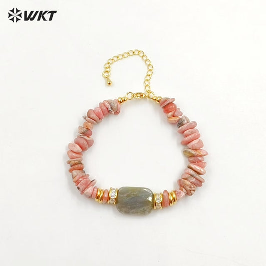 WT-B692 WKT Natural Nugest Stone in Adjustable Beaded Irregular Bracelet With Labradorite and Pink Opal for Women Jewelry Gift