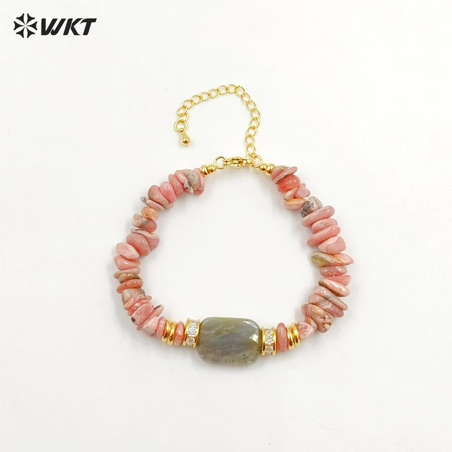 WT-B692 WKT Natural Nugest Stone in Adjustable Beaded Irregular Bracelet With Labradorite and Pink Opal for Women Jewelry Gift