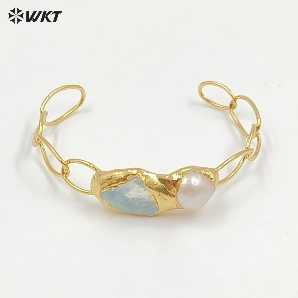 WT-B699 Wonderful Natural Gemstones Amethyst And Pearl Gold Plated Adjustable Size Bangles For Women Birthday Gift Free Shipping