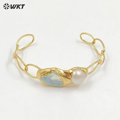WT-B699 Wonderful Natural Gemstones Amethyst And Pearl Gold Plated Adjustable Size Bangles For Women Birthday Gift Free Shipping