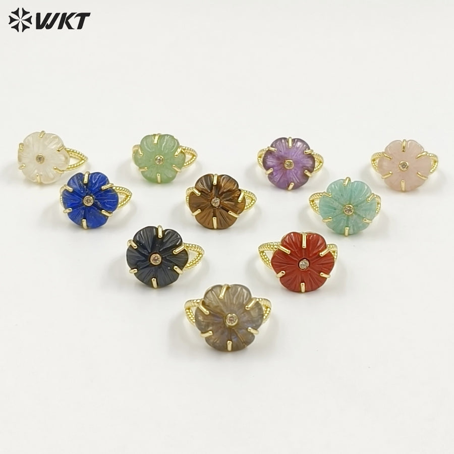 WT-R584 Wonderful Gold Plated Zircon And Natural Gemstones Lovely Flower Shape Adjustable Rings For Women Party Wearing Jewelry