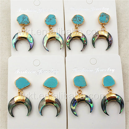 WT-E301 Newest Design Natural Abalone Shell Crescent Horn Earring, 24k Gold Plated Turquoise Charm Crescent Horn Earrings