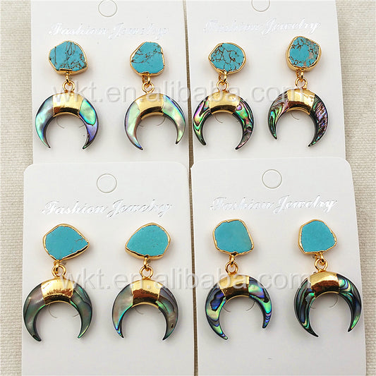 WT-E301 Newest Design Natural Abalone Shell Crescent Horn Earring, 24k Gold Plated Turquoise Charm Crescent Horn Earrings