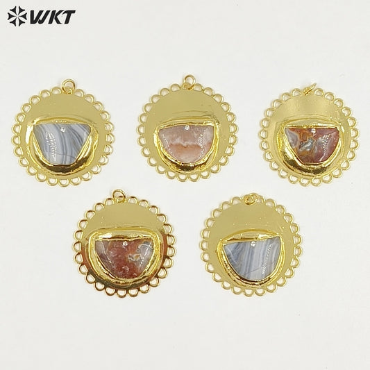 WT-P2082 Newest Design Gold Electroplated Metal And Natural Mexico Agate Stone Pendants For Handmade Necklace DIY Findings