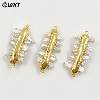WT-JP039 Wholesale Tiny Stick Natural Freshwater Pearl Connector Charming Accessory With Gold Color Electroplated for Jewelry