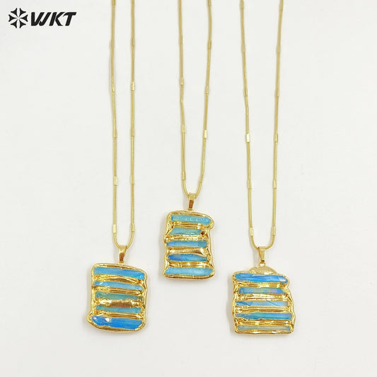 WT-N1494 Amazing Women Natural Aura Aqua Quartz Stone Pendant Necklace Gold Plated Tiny Chain Wholesale Jewelry Birthday Gift