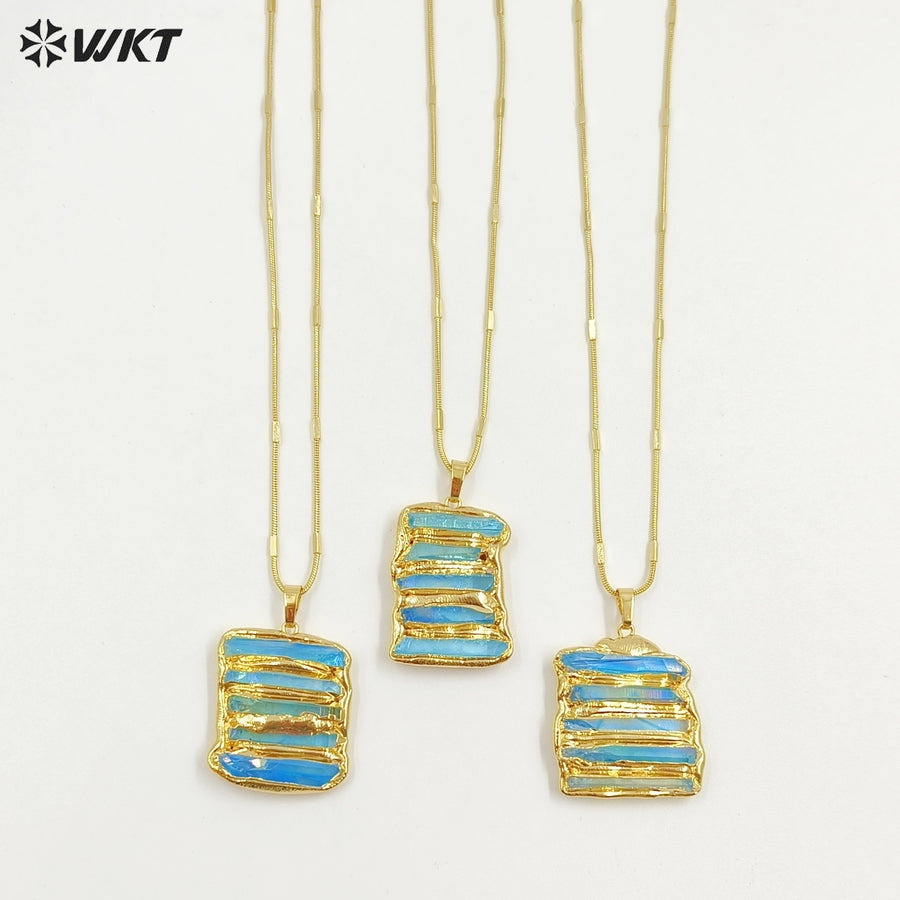 WT-N1494 Amazing Women Natural Aura Aqua Quartz Stone Pendant Necklace Gold Plated Tiny Chain Wholesale Jewelry Birthday Gift