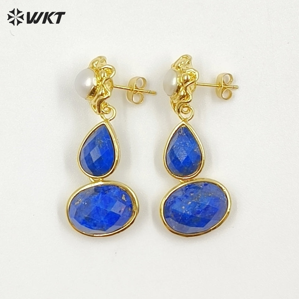 WT-E824 Exclusive Natural Pearl And Double Gemstones Gold Plated Women Earrings For Friends Vintage Beautiful Jewelry Gifts