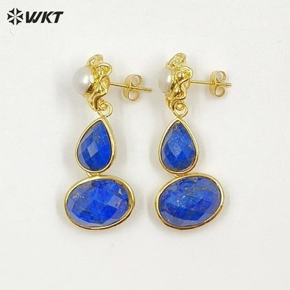 WT-E824 Exclusive Natural Pearl And Double Gemstones Gold Plated Women Earrings For Friends Vintage Beautiful Jewelry Gifts