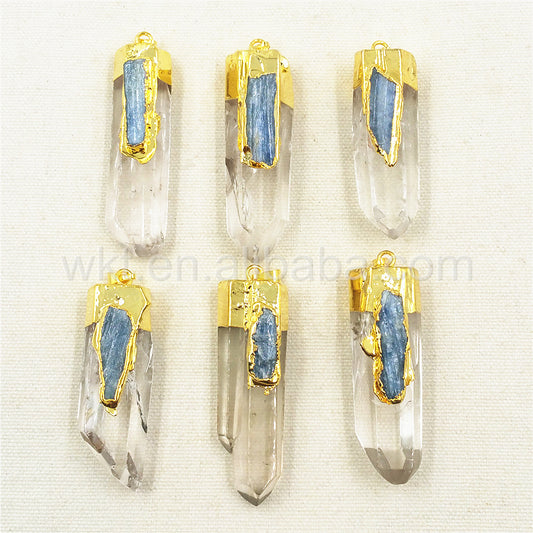WT-P880 Newest Raw Crystal Quartz Point Pendant with Blue Kyanite Charm, Fashion Gold Plated clear Crystal Quartz Pendant