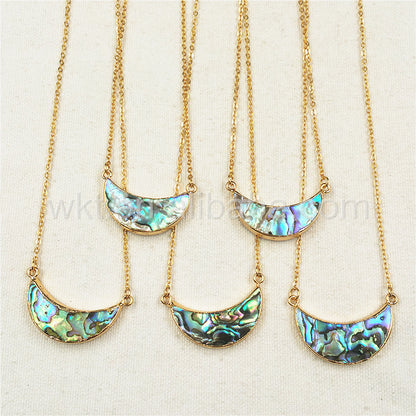 WT-N770 Newest Natural Gold Plated Abalone Crescent Moon Necklace, Hot Fashion Double Loops Abalone Crescent Moon Necklace