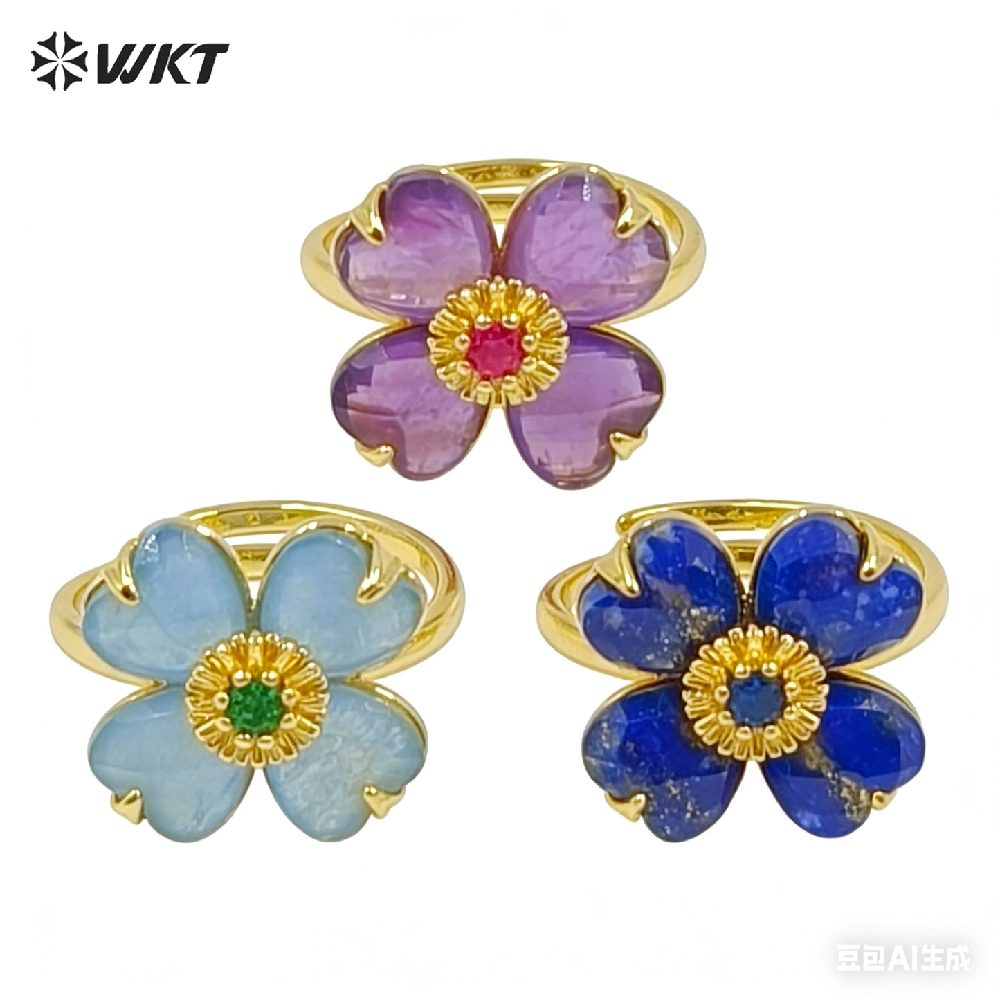WT-R602 Gorgeous Design Gold Plated Zircon And Colorful Natural Gemstone Flower Shape Rings Adjustable For Party Wearing Jewelry