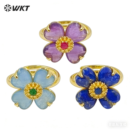 WT-R602 Gorgeous Design Gold Plated Zircon And Colorful Natural Gemstone Flower Shape Rings Adjustable For Party Wearing Jewelry