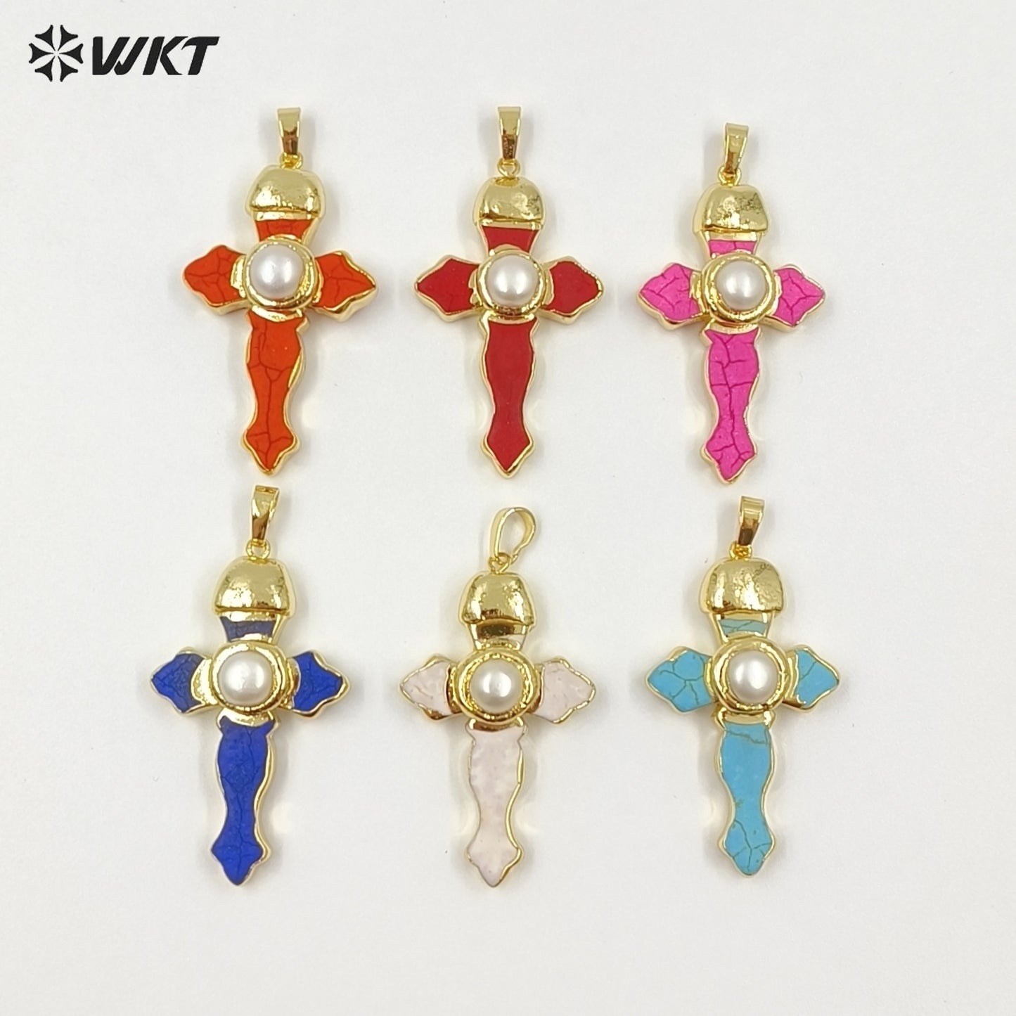 WT-P2092 New Arrival Gold Plated Multi Colors Natural Turquoise Stone And Pearl Cross Charm Pendants As Lady Jewelry Accessory