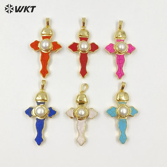 WT-P2092 New Arrival Gold Plated Multi Colors Natural Turquoise Stone And Pearl Cross Charm Pendants As Lady Jewelry Accessory
