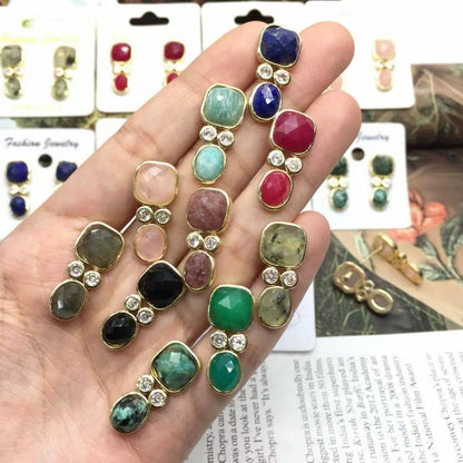 WT-E811 Modern Style Gold Plated Double Zircons And Natural Gemstones Square Oval Shape Women Earrings For Mother‘s Day Gifts