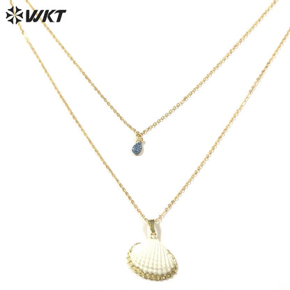 WT-JN174 New Design Fashion Gold Plated Double Layer Choker Necklace Natural White Shell Scallop Pendant Necklace Moon Necklace