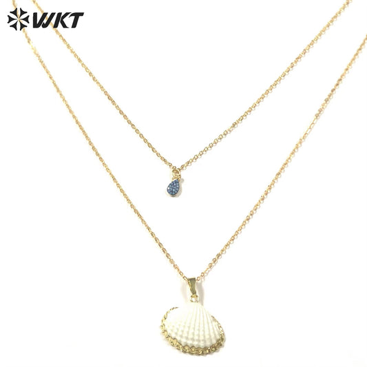 WT-JN174 New Design Fashion Gold Plated Double Layer Choker Necklace Natural White Shell Scallop Pendant Necklace Moon Necklace