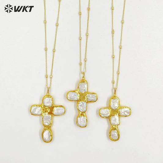WT-JN328 Wholesale Beautiful Back Full Gold Plated With Natural Freshwater Pearls Cross Shape Pendant Necklace Anniversary Gift