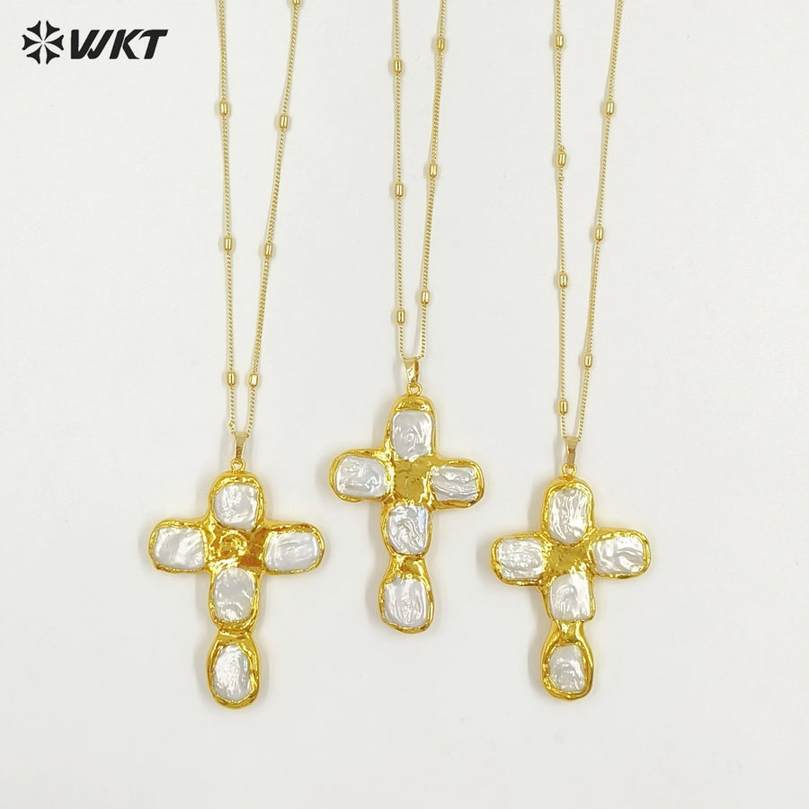 WT-JN328 Wholesale Beautiful Back Full Gold Plated With Natural Freshwater Pearls Cross Shape Pendant Necklace Anniversary Gift