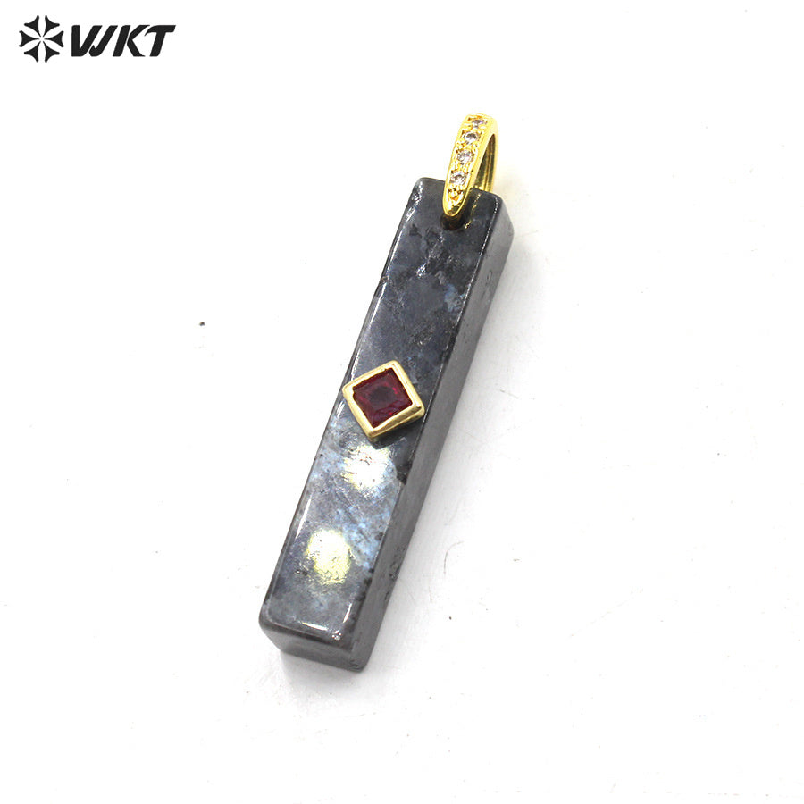 WT-P2123 Wonderful Colorful Zircon And Natural Gemstones Long Bar Shape Gold Pendants For Simple Style Necklace Making