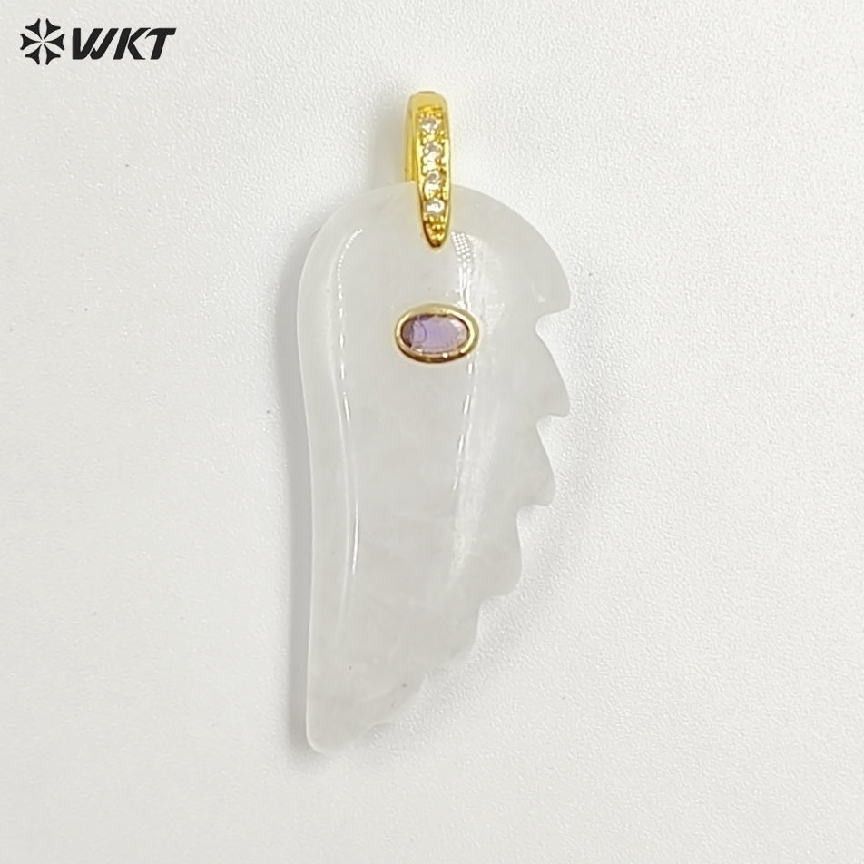WT-P2061 Amazing Vaious Natural Gemstones And Zircon Carve Feather Shape Pendants As Female Cute Earrings DIY Accessory