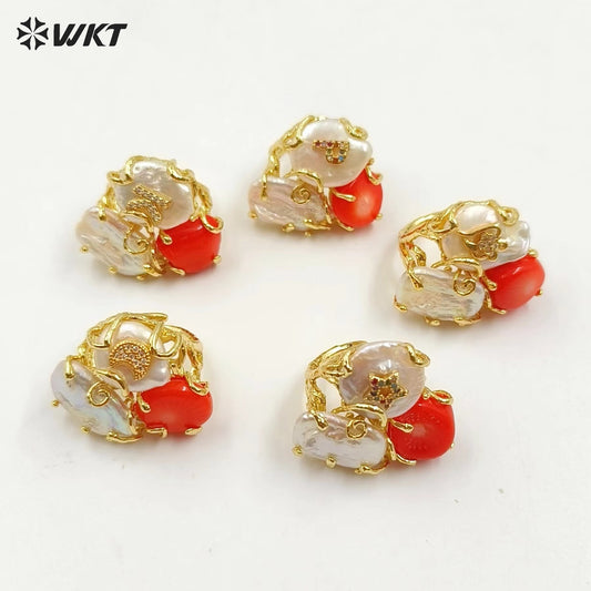 WT-MPR093 Wholesale Fashion Gold Plated Triple Stone Handmade Claw Setting Natural Red Coral and Pearl Women Ring With Charms