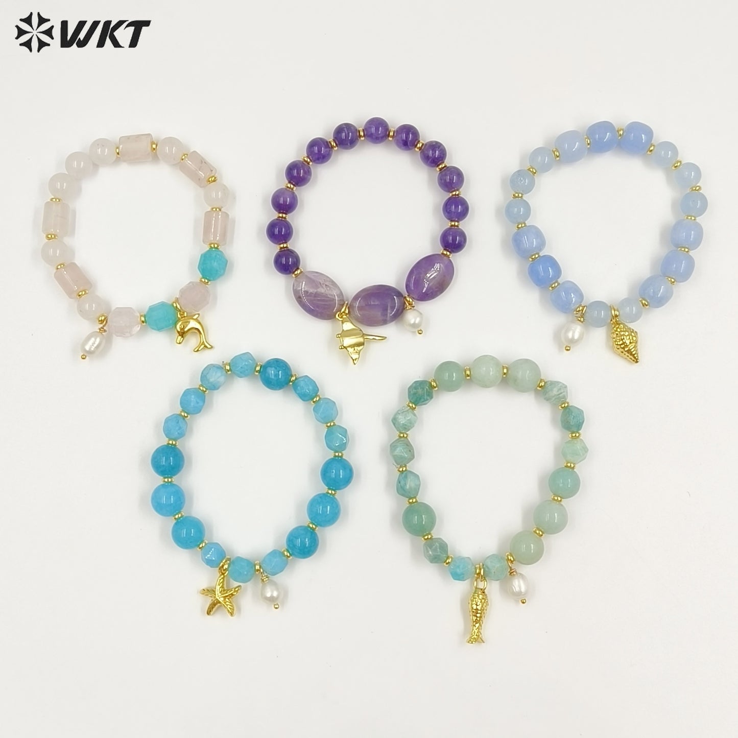 WT-B712 Beautiful Natural Gemstones Beads With Little Pearl And Shell Star Charms Gold Bracelets As Fashion Jewelry Accessory