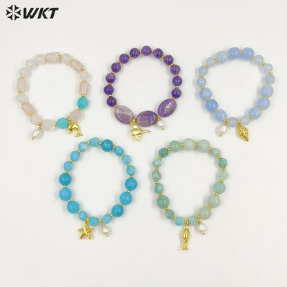 WT-B712 Beautiful Natural Gemstones Beads With Little Pearl And Shell Star Charms Gold Bracelets As Fashion Jewelry Accessory