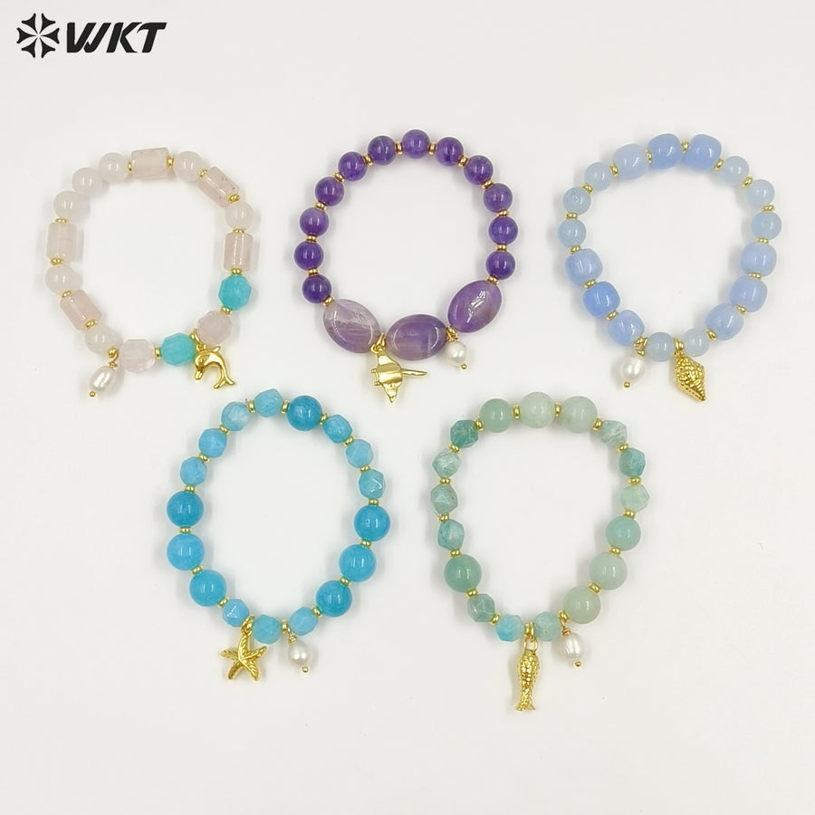 WT-B712 Beautiful Natural Gemstones Beads With Little Pearl And Shell Star Charms Gold Bracelets As Fashion Jewelry Accessory