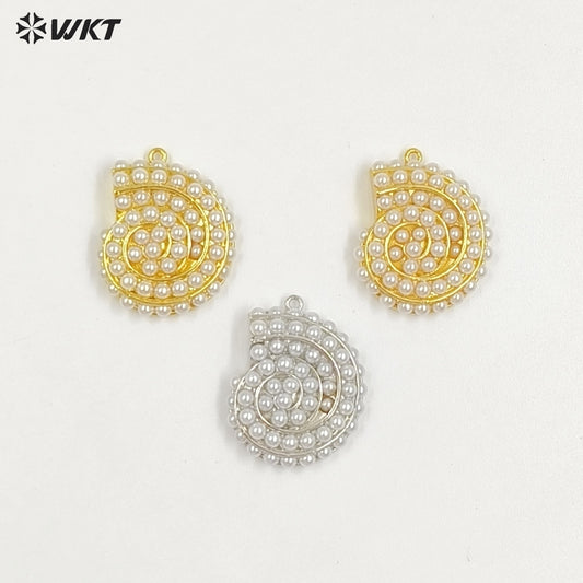 WT-MP314 Popular Sales Marine Animal Series Whorl Shape Gold Plated Brass With Artificial Pearl Lovely Pendant Jewelry Accessory