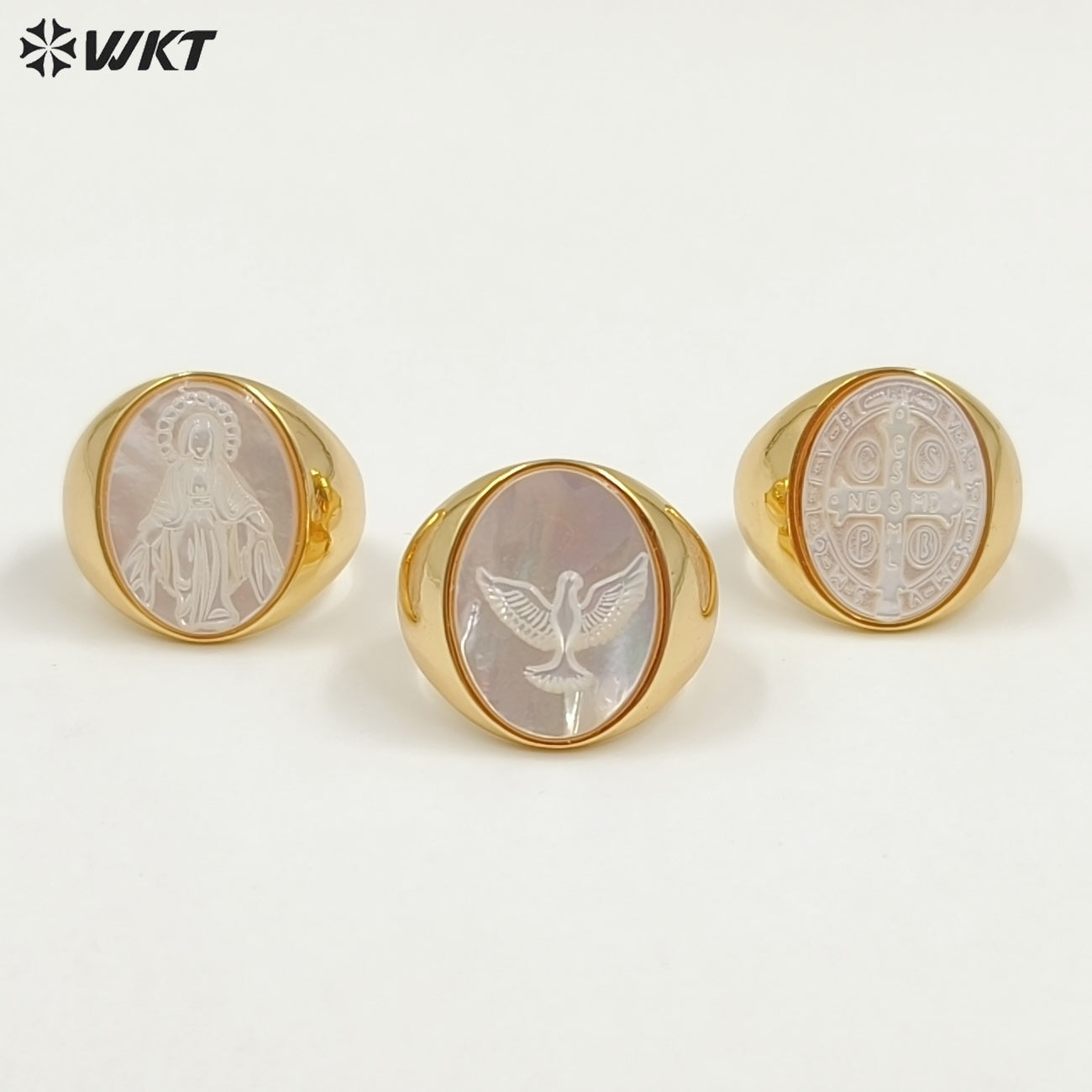 WT-MPR157 Good Quality Vintage Style 18K Gold Plated Cross And Eagle Pattern Adjustable Shell Rings For Party Wearing Jewelry