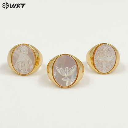 WT-MPR157 Good Quality Vintage Style 18K Gold Plated Cross And Eagle Pattern Adjustable Shell Rings For Party Wearing Jewelry
