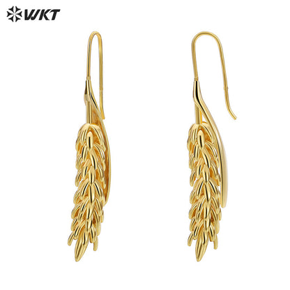 WT-E745 Wholesale Fashion 18K Real Gold Plated Brass Metal Wheat Hoop Earrings Women Long Dangle Gift for Friend