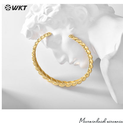 WT-B646 Women Fashion Twisted Design 18K Real Gold Plated Open Size Adjustable Yellow Brass Metal Bangle
