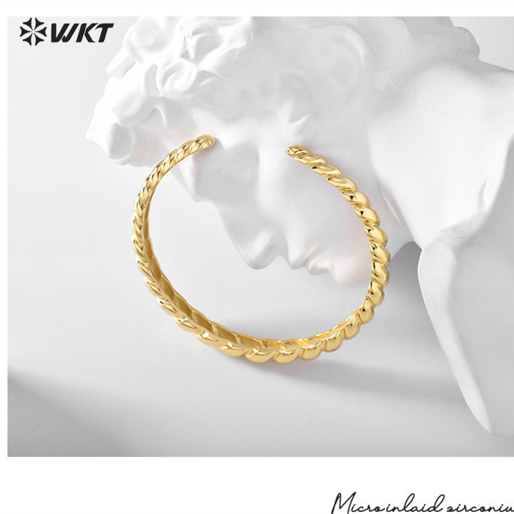 WT-B646 Women Fashion Twisted Design 18K Real Gold Plated Open Size Adjustable Yellow Brass Metal Bangle