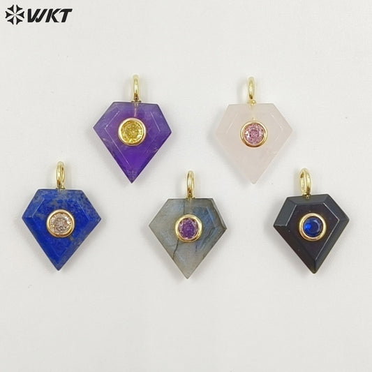 WT-P2052 New Arrival Zircon Gold Plated Rose Quartz Natural Gemstones Diamond Shape Charms Pendants For Handmade Gift Accessory