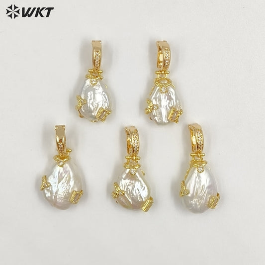 WT-JP457 Exquisite Unique 18K Gold Plated Zircon And Natural Freshwater Pearl Pendants For Women Jewelry Making Findings