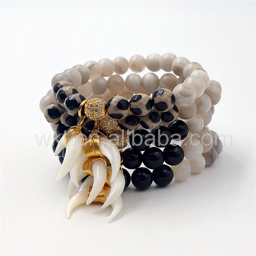 WT-B270 Genuine Natural Crescent Shell Horn Charm Grey Agate Beads Bracelet,Wire Wrapped Shell Bead Bracelet