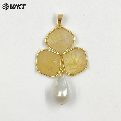 WT-JP506 Newest Wonderful 18K Gold Plated Three Natural Gemstones And Pearl Pendant For Female Earrings Jewelry Making