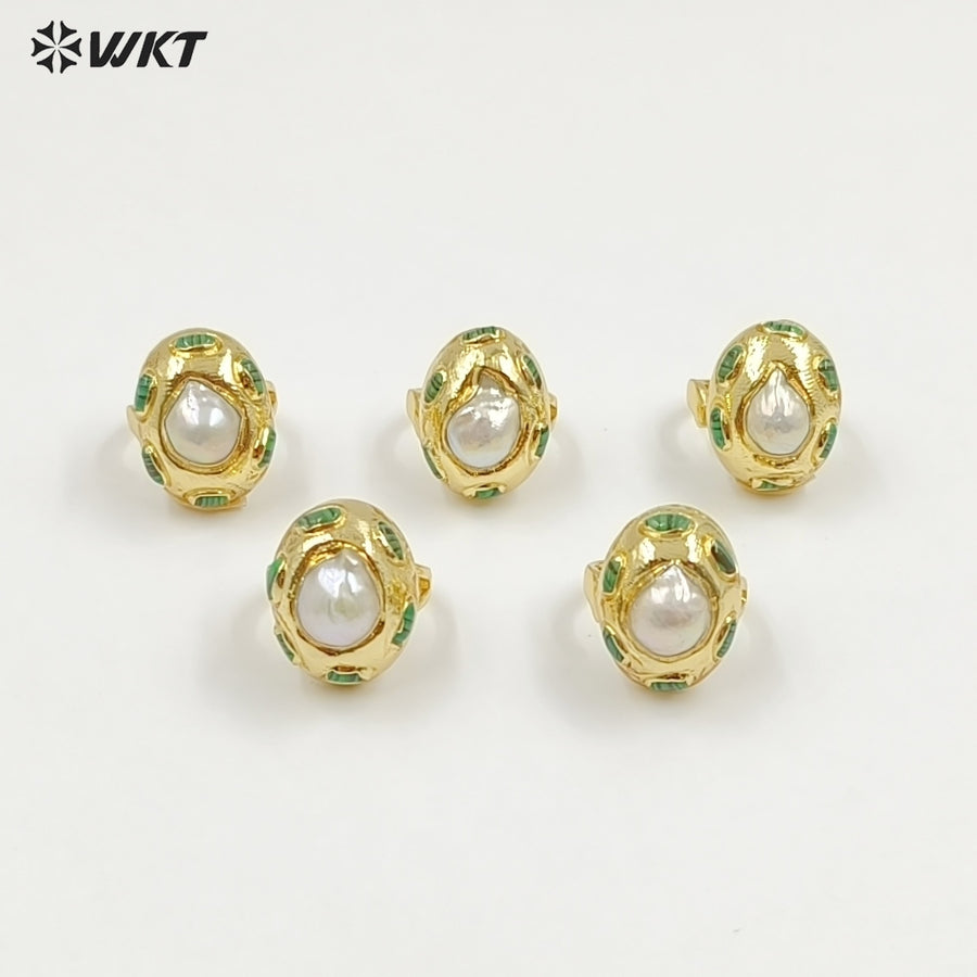 WT-MPR151 Luxury Vintage 18K Gold Plated Natural Pearl And Malachite Stone Adjustable Rings For Party Decoration Jewelry