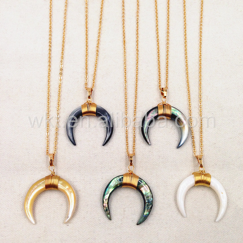 WT-N749 Big Amazing Natural Crescent Shell Necklace Handmade Wire Wrapped Gold Half Moon Crescent Shell Necklace
