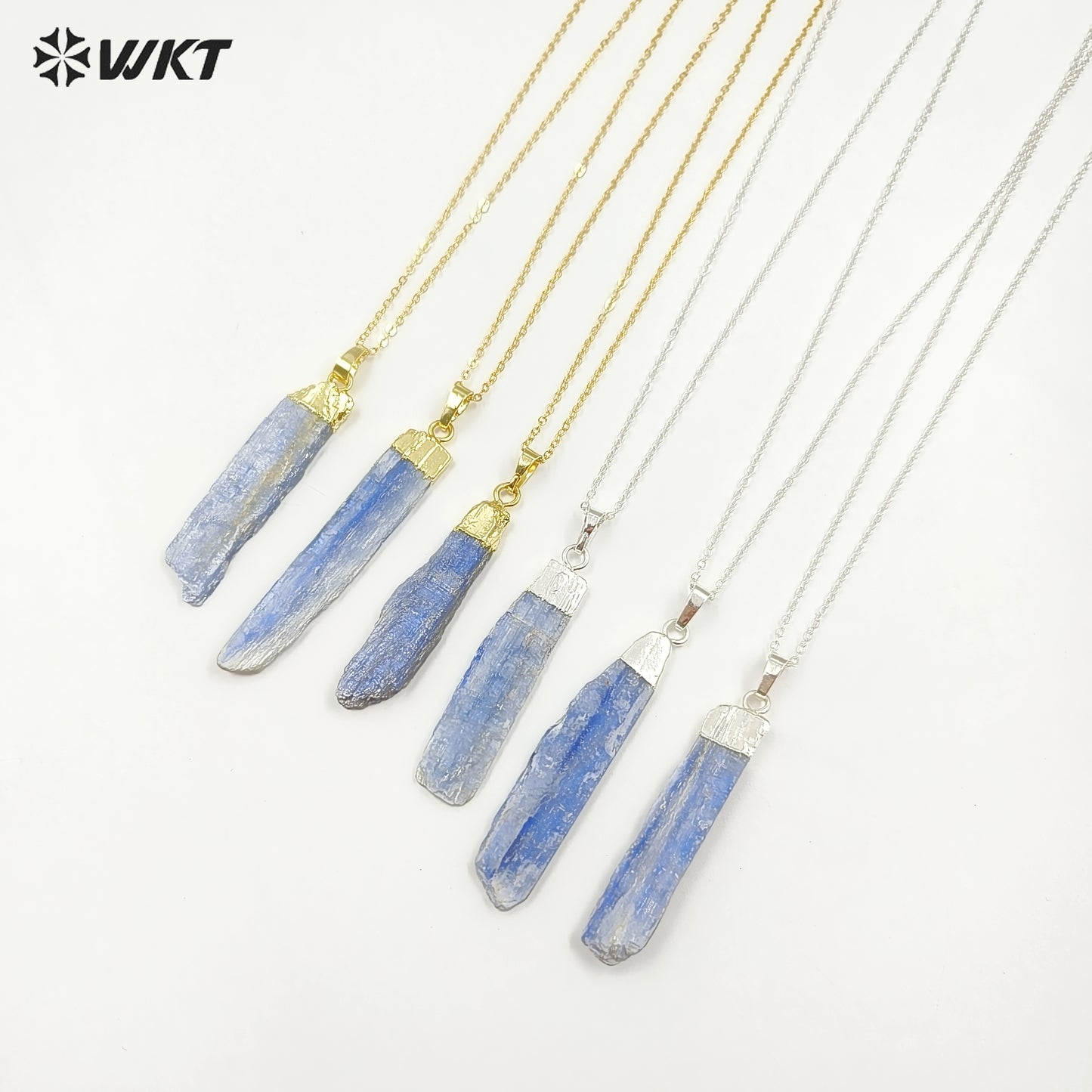 WT-N451 Wholesale Natural Raw Blue Kyanite Necklace Fashion Gemstone Charm Kyanite with 18k Gold Plated Pendant Necklace