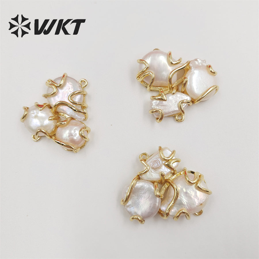 WT-JP307 Unique Triple Freshwater Pearl Pendant 18k Real Gold Plated Claw Prong Setting Pearl Findings for Jewelry Making