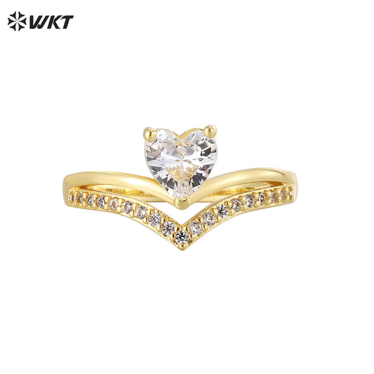 WT-MR036 Unique Special Crown Shape With Heart-Shaped Transparent Shiny Zircon Paved Fine Ring for Women Party Jewelry