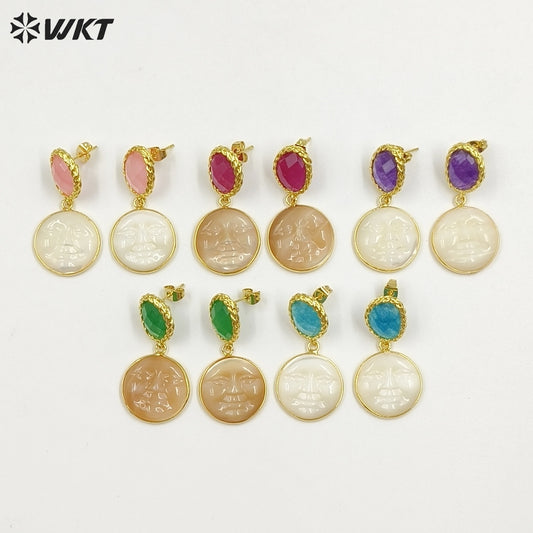 WT-MPE192 Unique Style Gold Plated Natural Jade And Shell Carved Face Shape Pendant Earrings For Female Special Party Gift