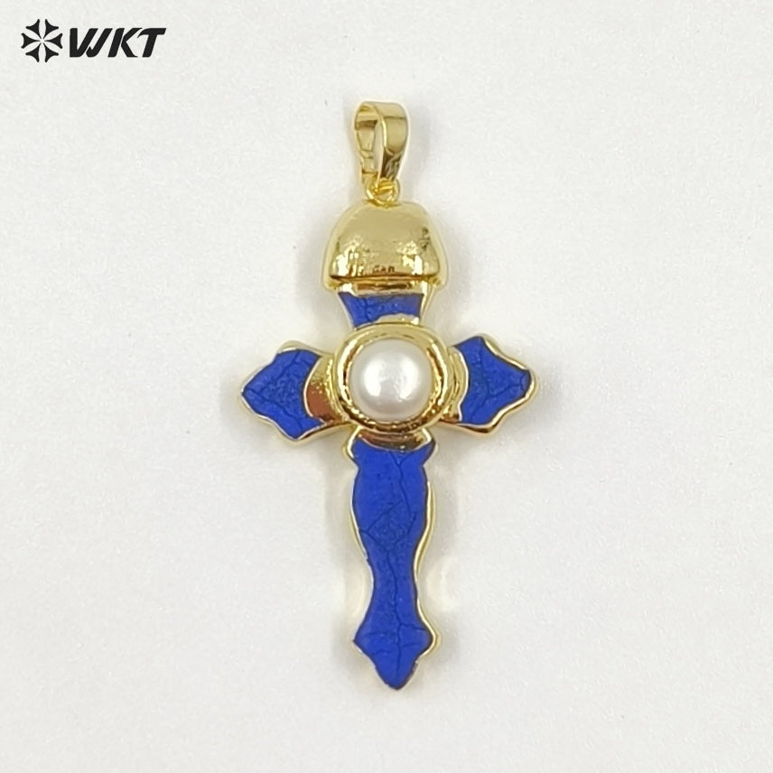 WT-P2092 New Arrival Gold Plated Multi Colors Natural Turquoise Stone And Pearl Cross Charm Pendants As Lady Jewelry Accessory
