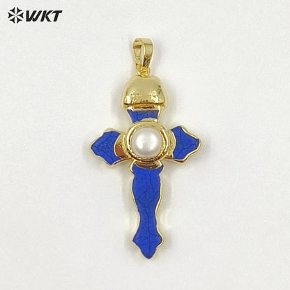 WT-P2092 New Arrival Gold Plated Multi Colors Natural Turquoise Stone And Pearl Cross Charm Pendants As Lady Jewelry Accessory