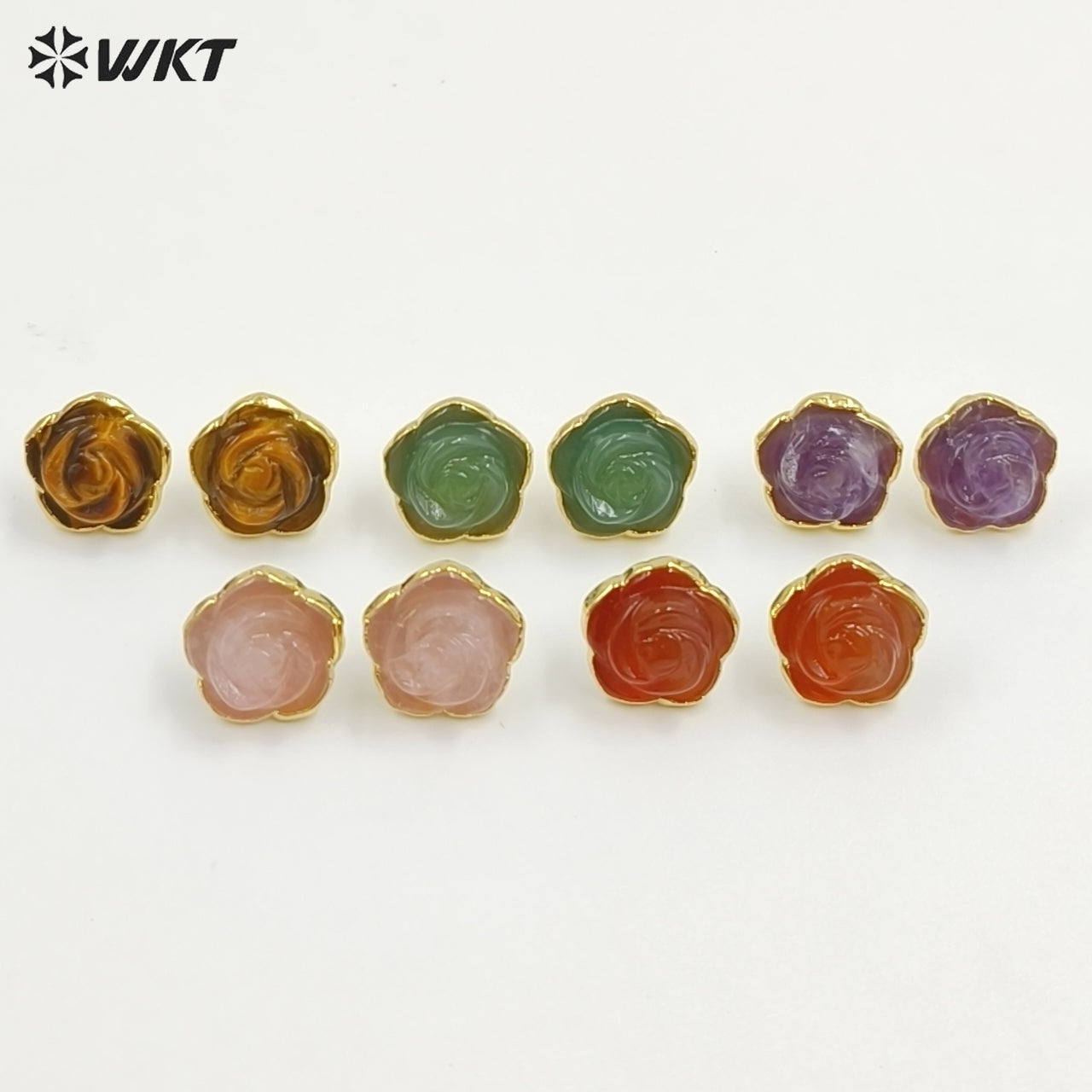 WT-E813 Exquisite Gold Plated Natural Gemstone Hand Carved Rose Flower Shape Little Earrings Studs For Lady Daily Jewelry